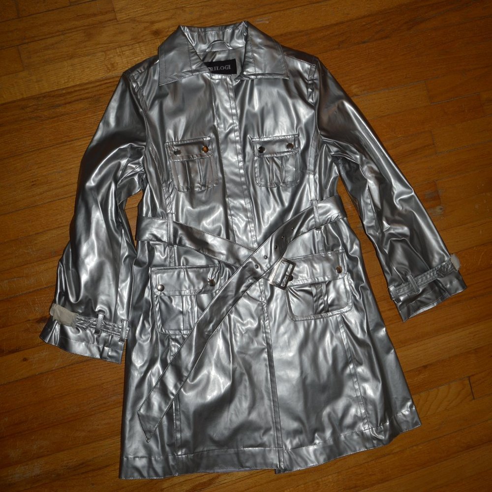 TRILOGI Girl's Women's Shiny Silver Trench Style Rain Coat~Removeable Lining~S~